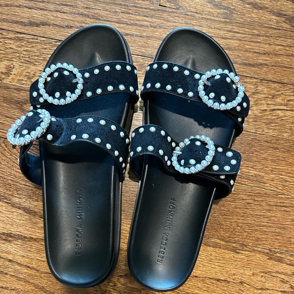 Rebecca Minkoff 7.5M blk faux pearl trim adjustable double strap sandal NWOT